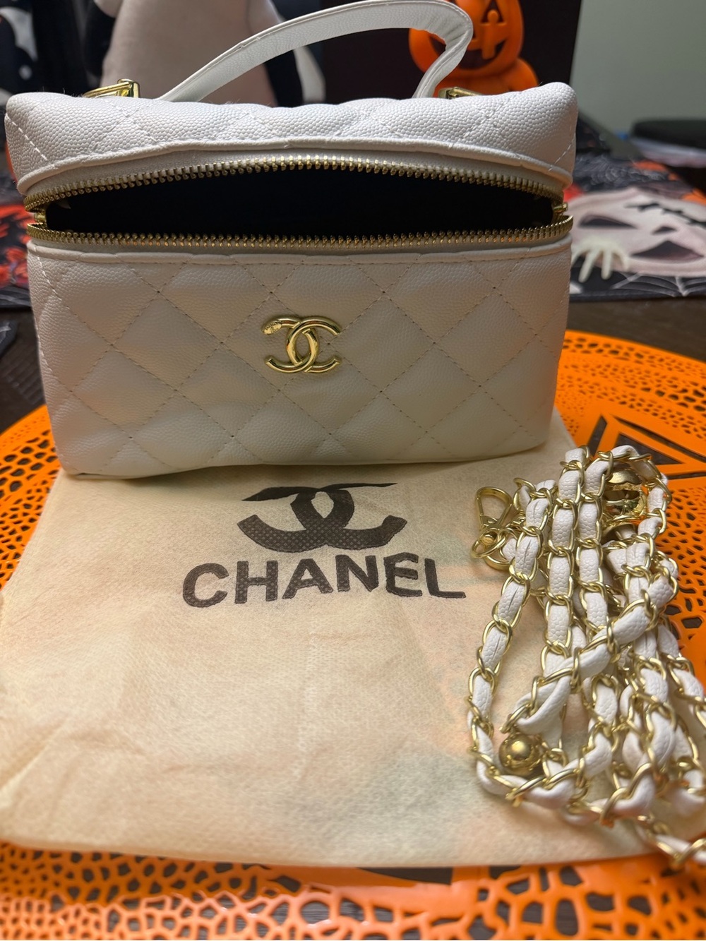 White Quilted Vanity Crossbody Bag with Gold Hardware